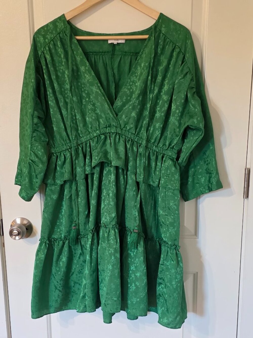 NSR Green Floral Satin Jacquard Tiered Mini Dress